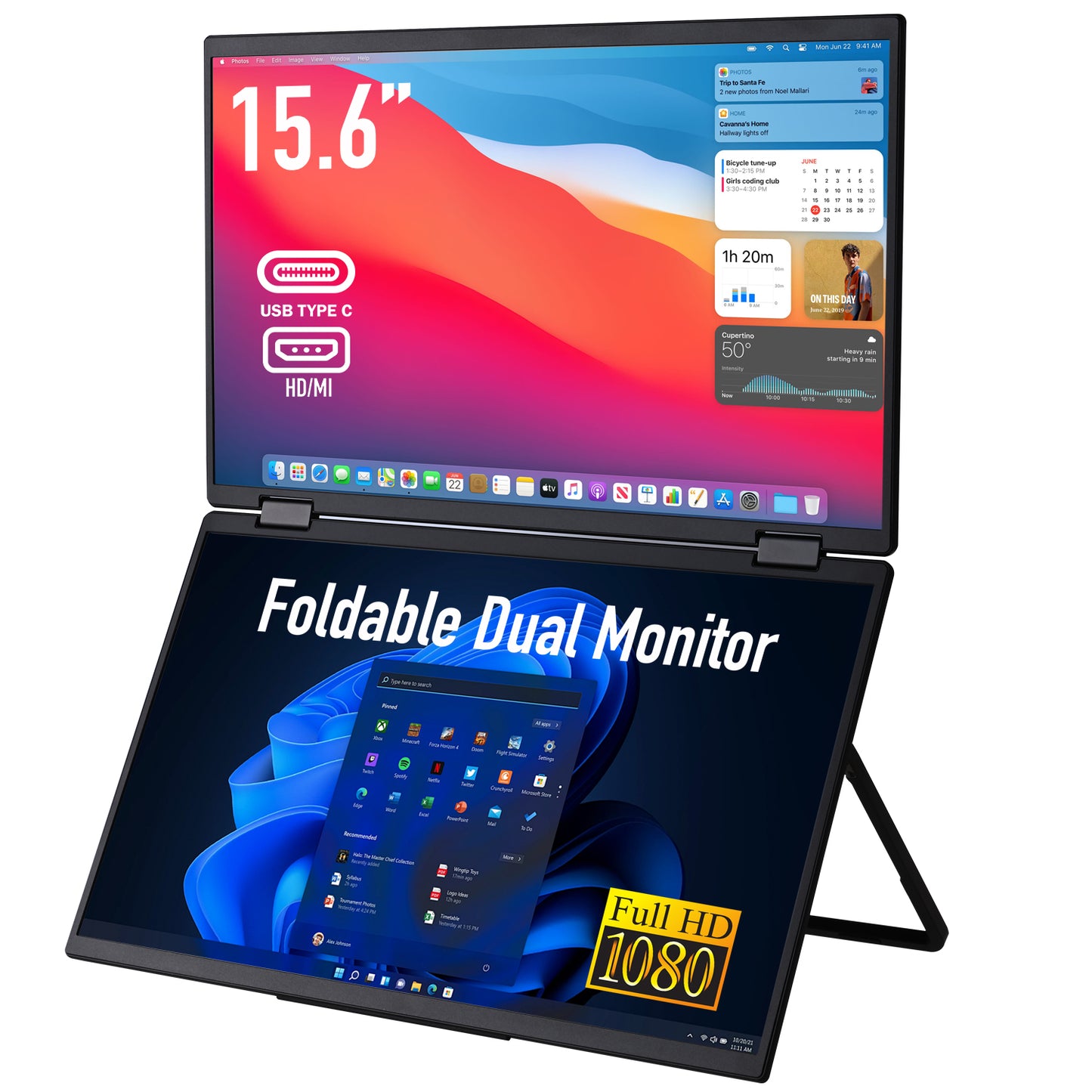 Portable Dual Monitor - 15.6 Inch 1080P Foldable IPS Display with USB-C & HDMI, HDR, Second Screen for Gaming, Laptop, PS5/4, Xbox, Switch, MacBook, iPhone, Surface - Perfect for Office and Travel