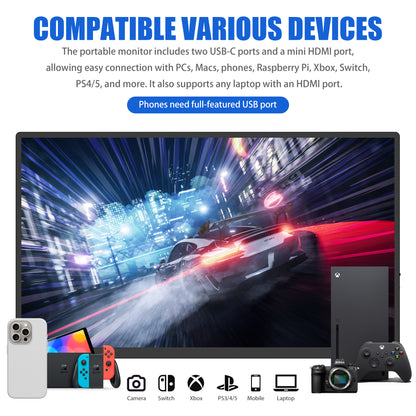 Portable Monitor - 18.5 Inch IPS Display with USB-C & HDMI, HDR, Second Screen for Gaming, Laptop, PS5/4, Xbox, Switch, MacBook, iPhone, Surface - Perfect for Office, Coffee Shops, and Travel